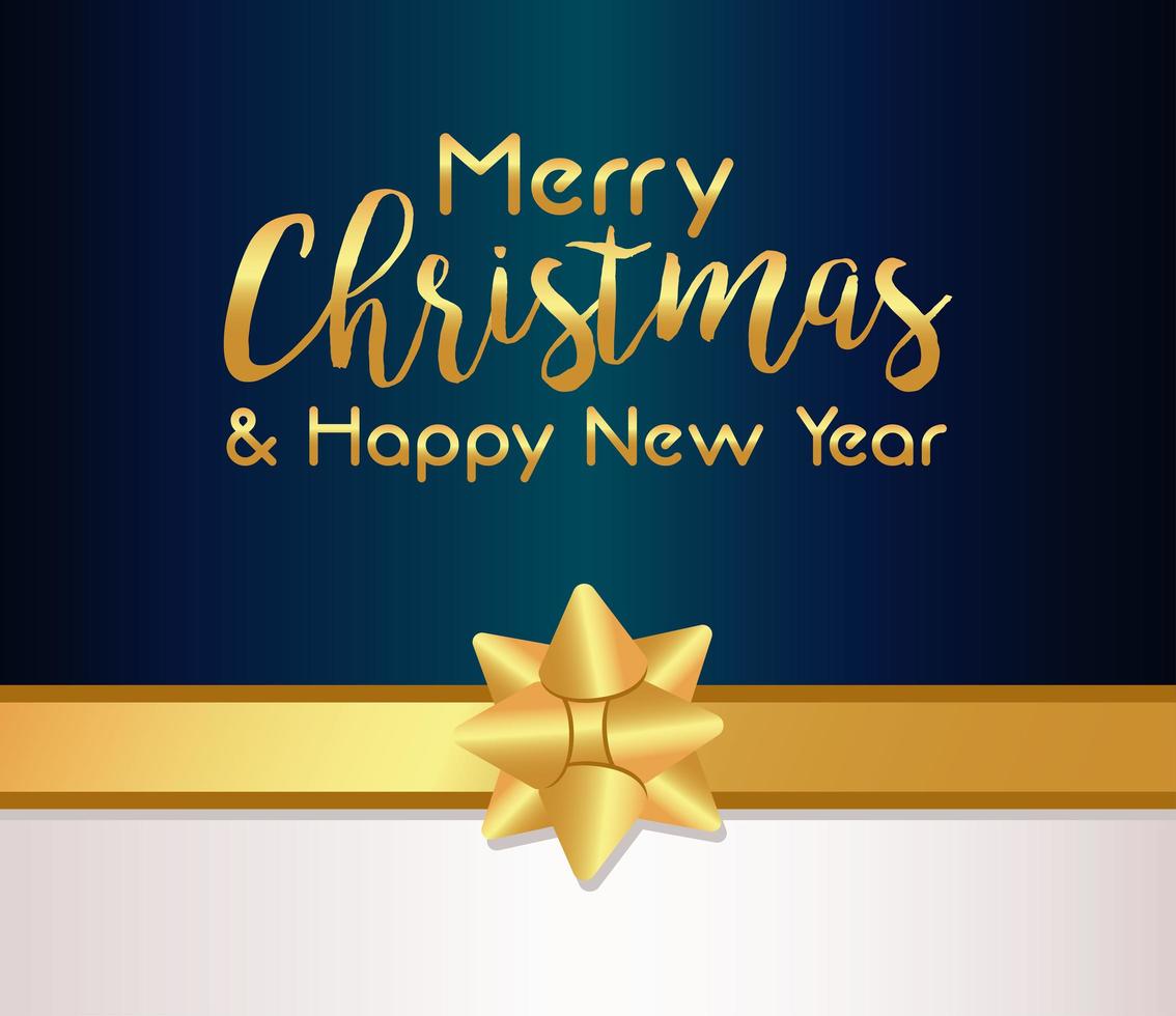 merry christmas and happy new year golden lettering card with bow ribbon vector