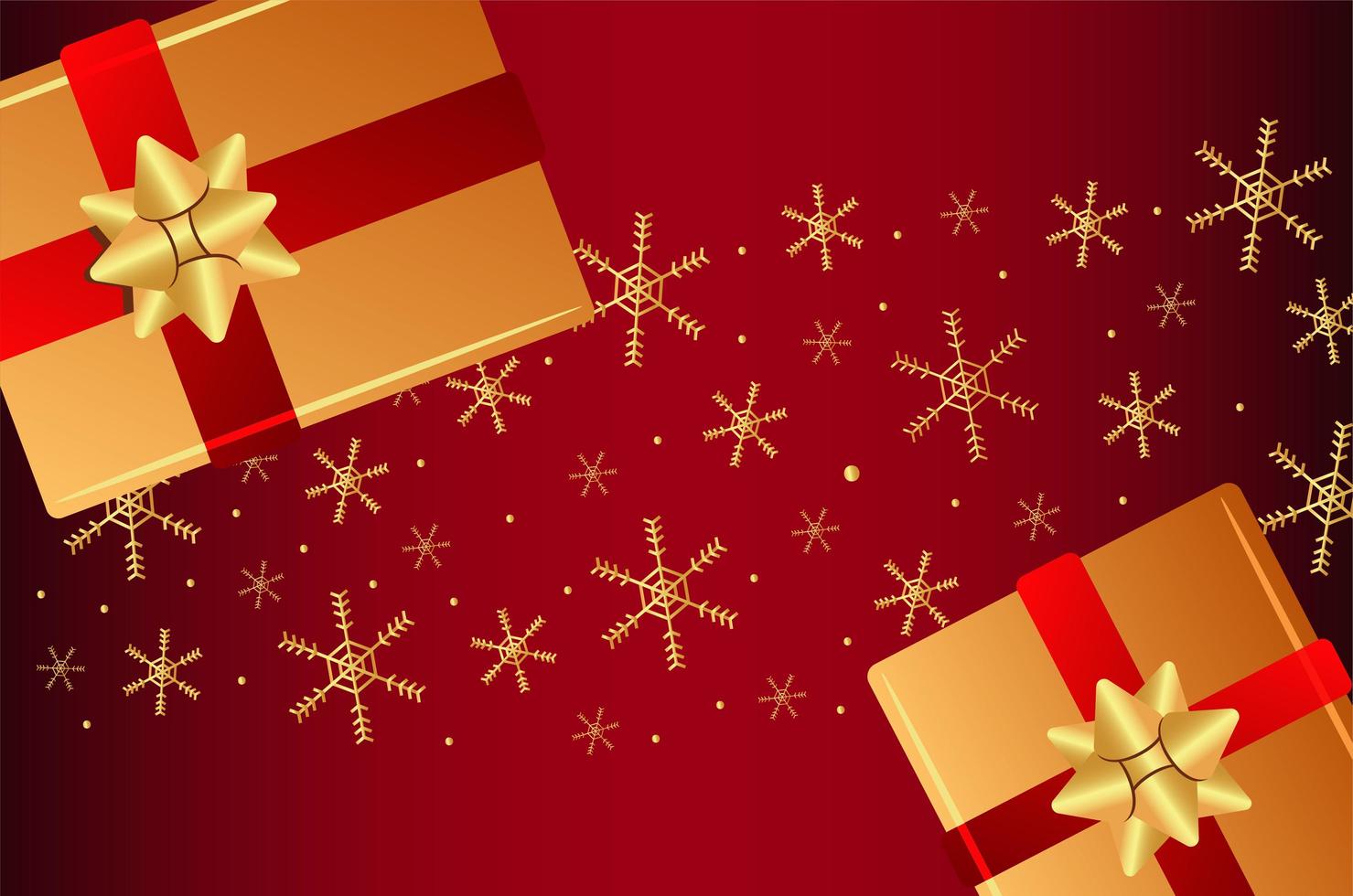 feliz navidad y próspero año nuevo tarjeta de letras con regalos dorados y copos de nieve vector
