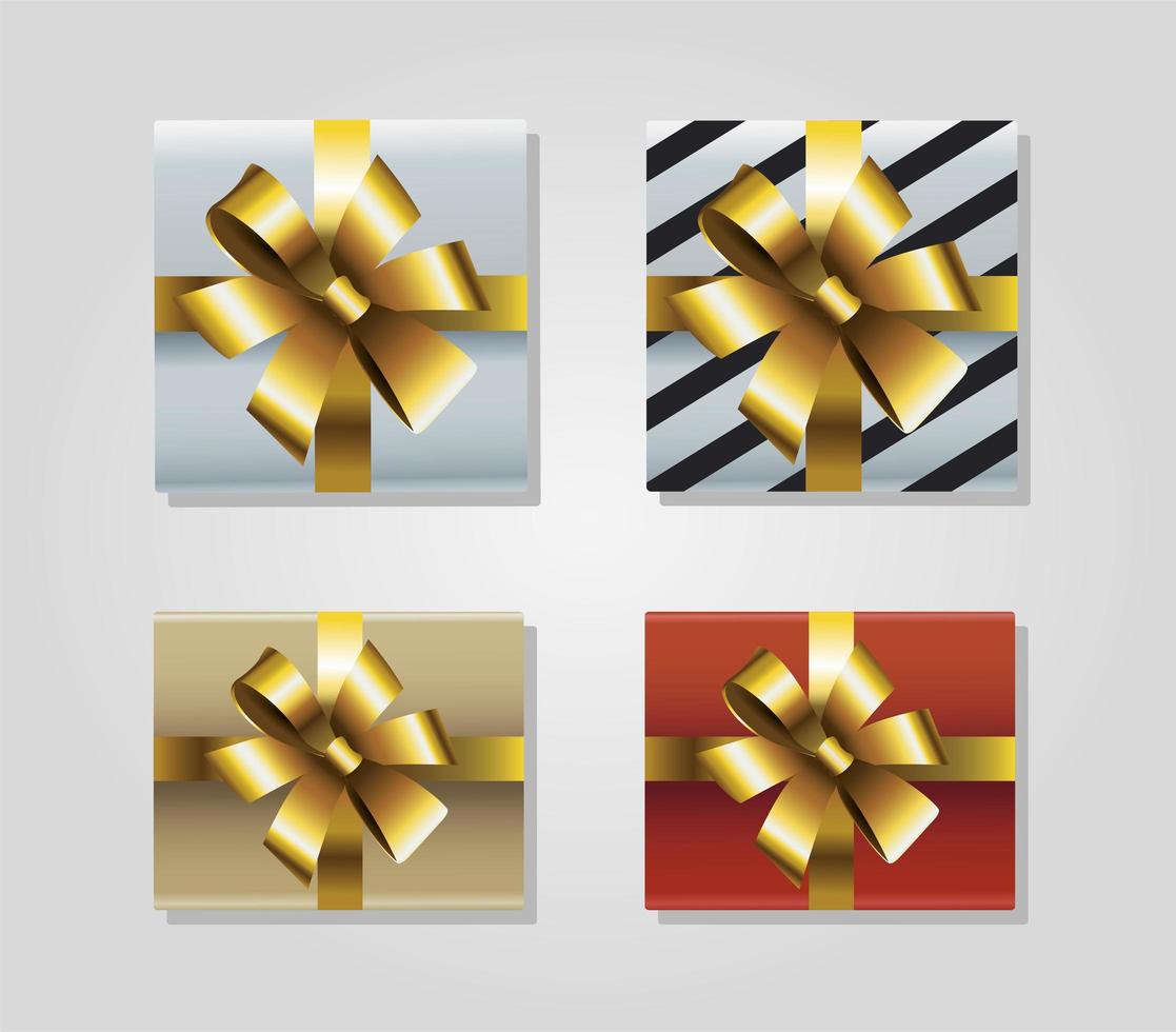 set of four merry christmas gifts with golden bows icons vector