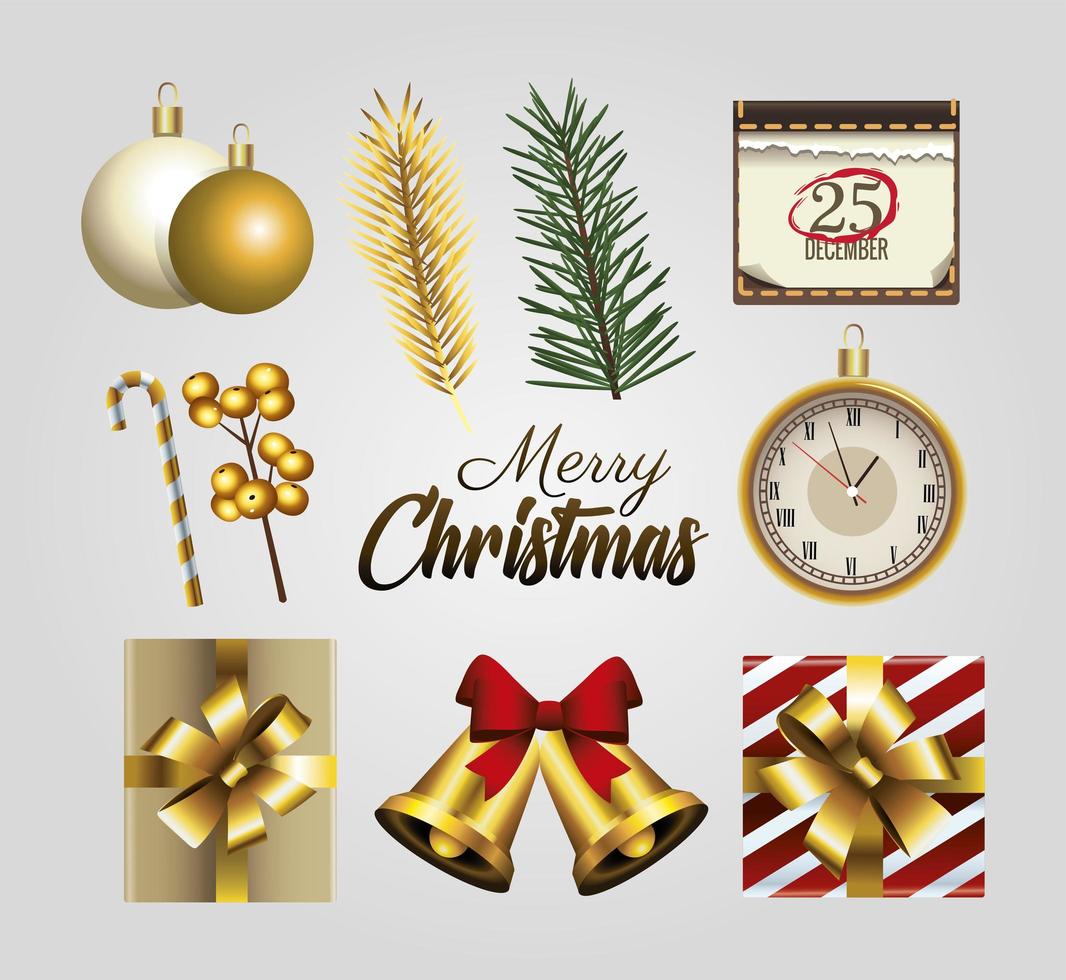 happy merry christmas golden lettering with set icons vector