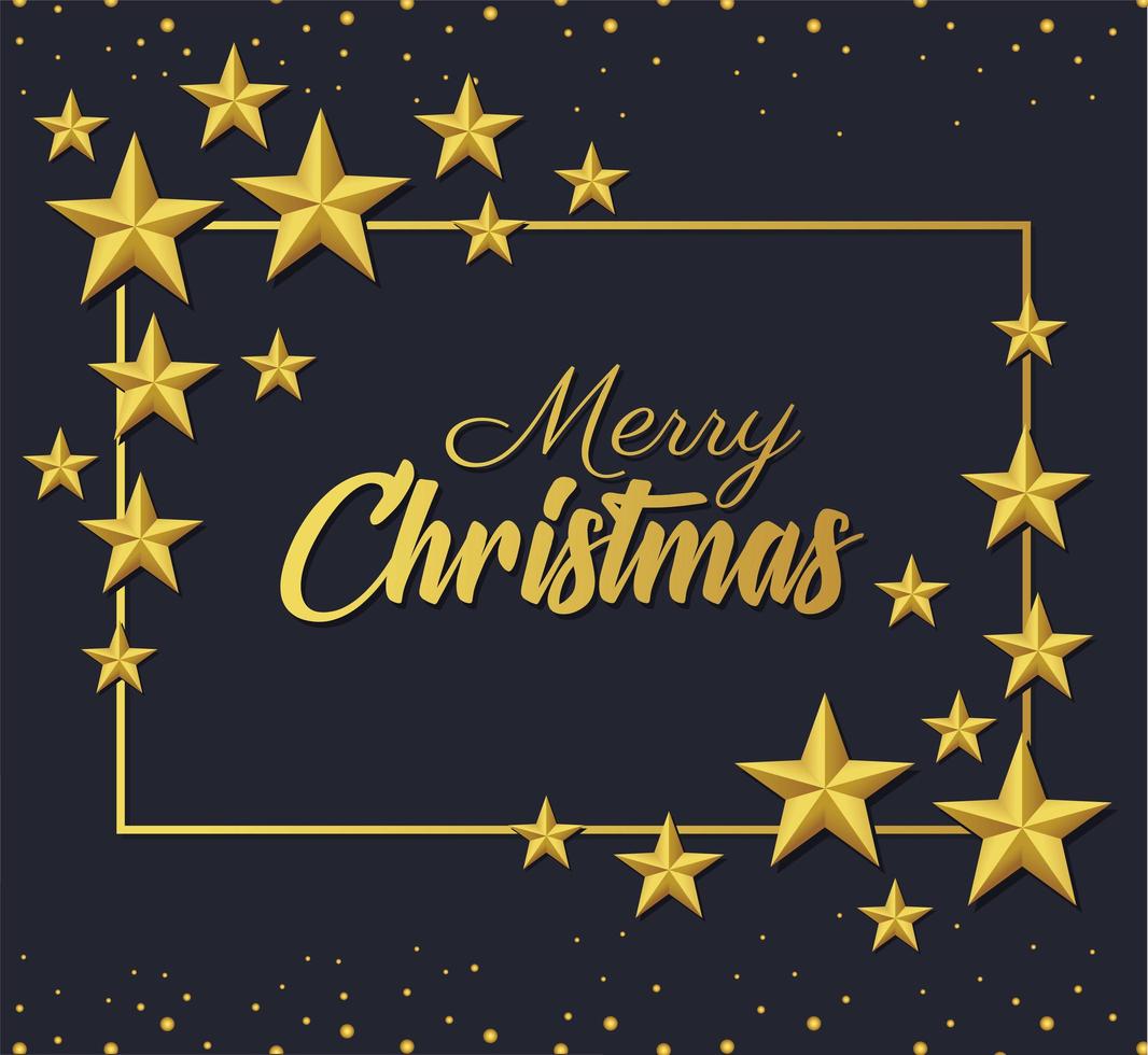 happy merry christmas golden lettering with stars square frame vector
