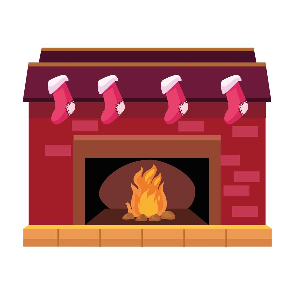 Feliz feliz navidad chimenea con calcetines colgando icono vector