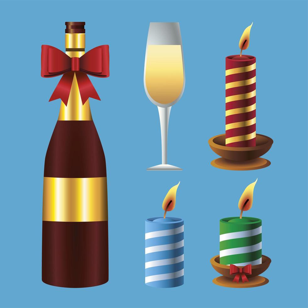 happy merry christmas champagne and candles vector