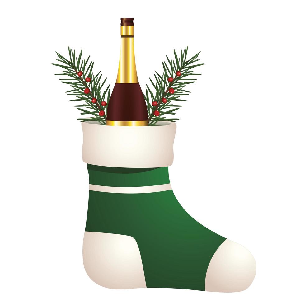 happy merry christmas sock with leafs and champagne vector