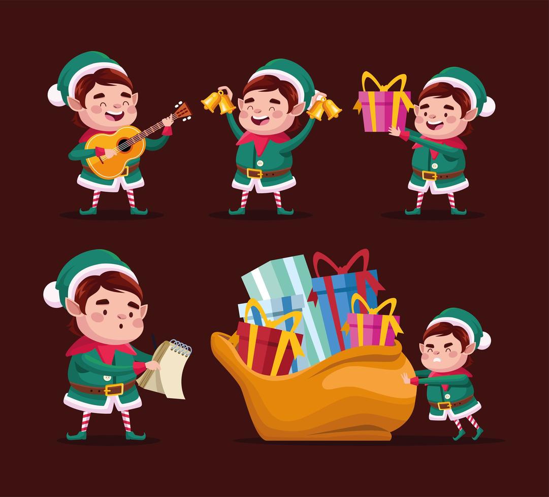 happy merry christmas group of elfs characters vector