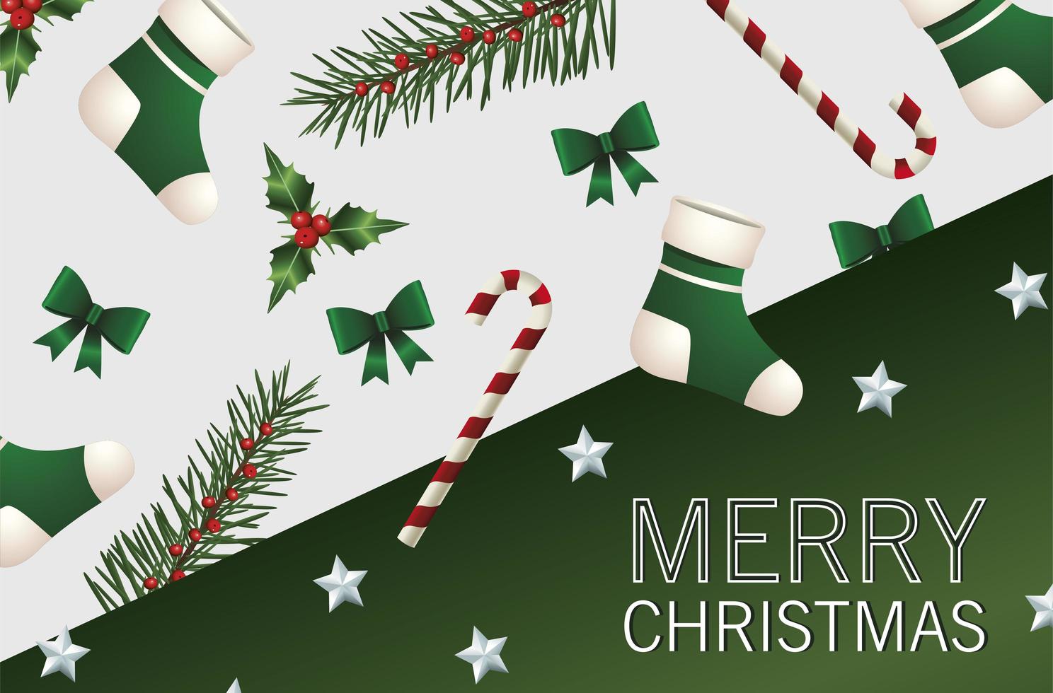 Feliz tarjeta de letras de feliz navidad con pino de abetos y calcetines verdes y lazo vector