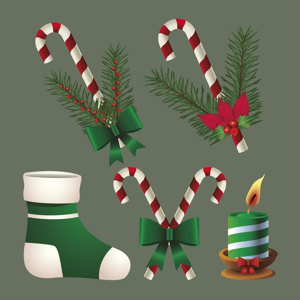 happy merry christmas canes and candle and sock icon vector