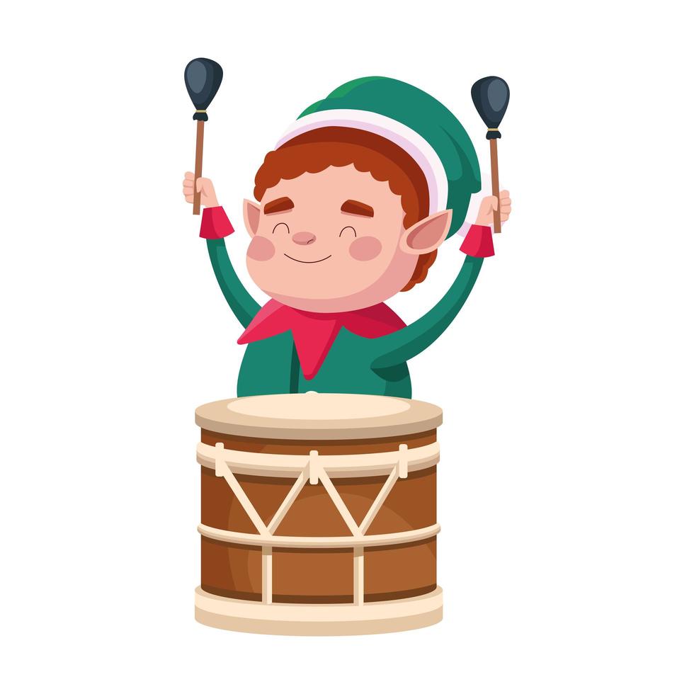 elf santa helper playing drum comic character vector