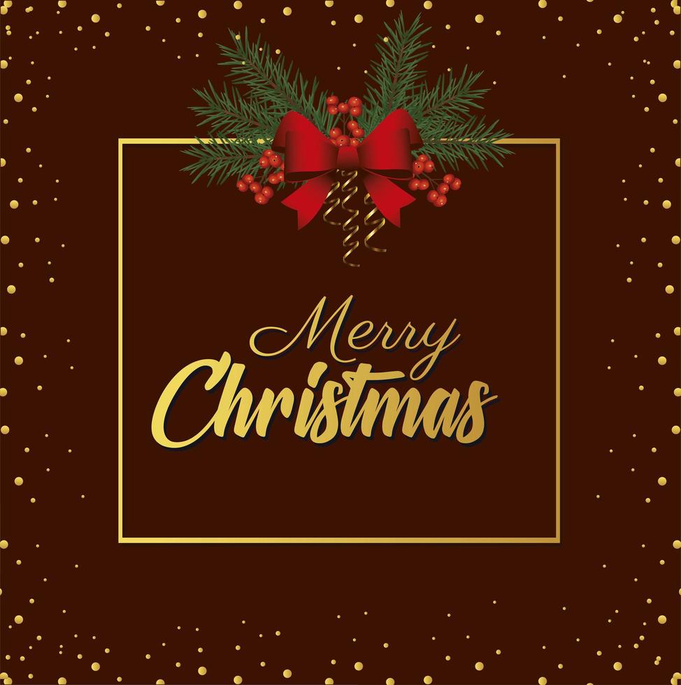 happy merry christmas golden lettering with bow in square frame vector