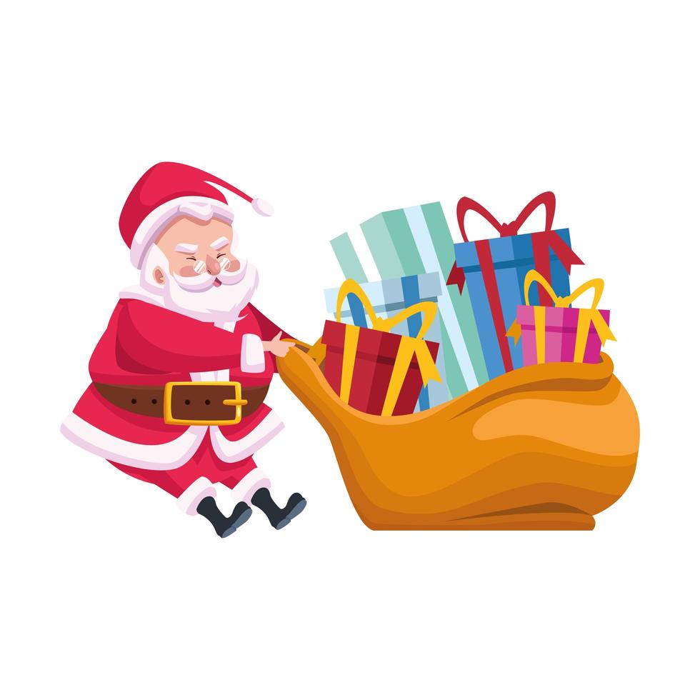 lindo santa claus con personaje de bolsa de regalos vector