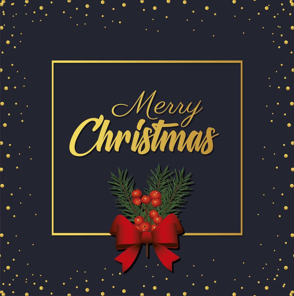 happy merry christmas golden lettering with bow ribbon in square frame vector