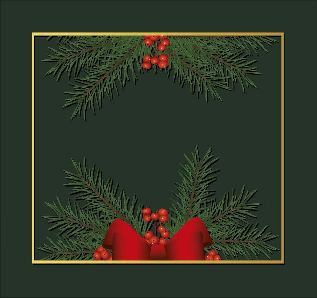 happy merry christmas golden square frame with bow and leafs vector