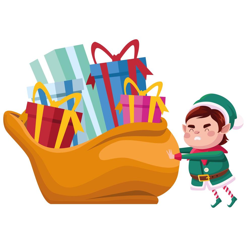 Elfo ayudante de santa con bolsa de regalos personaje cómico vector