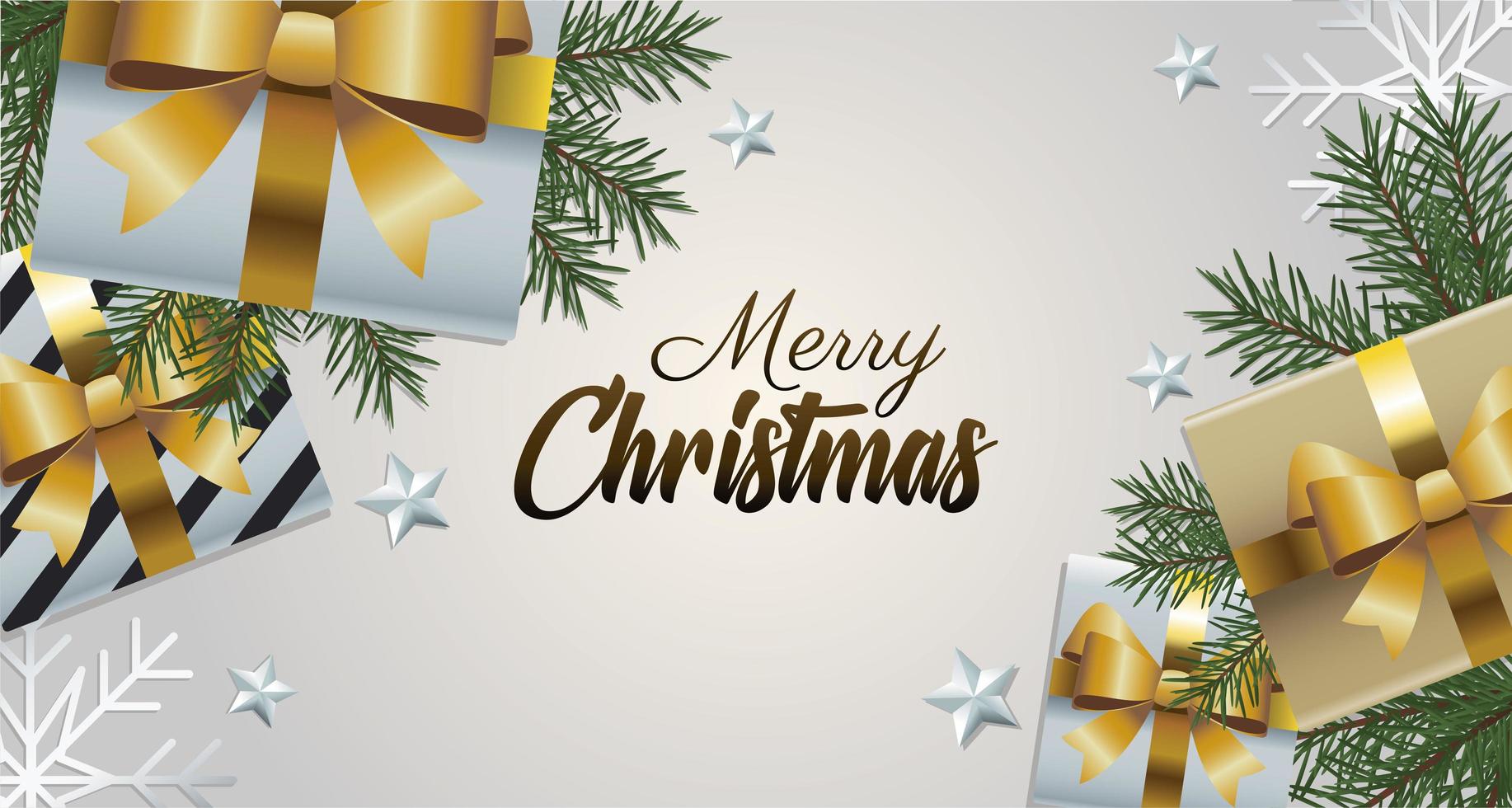 happy merry christmas golden lettering with gifts presents and leafs vector