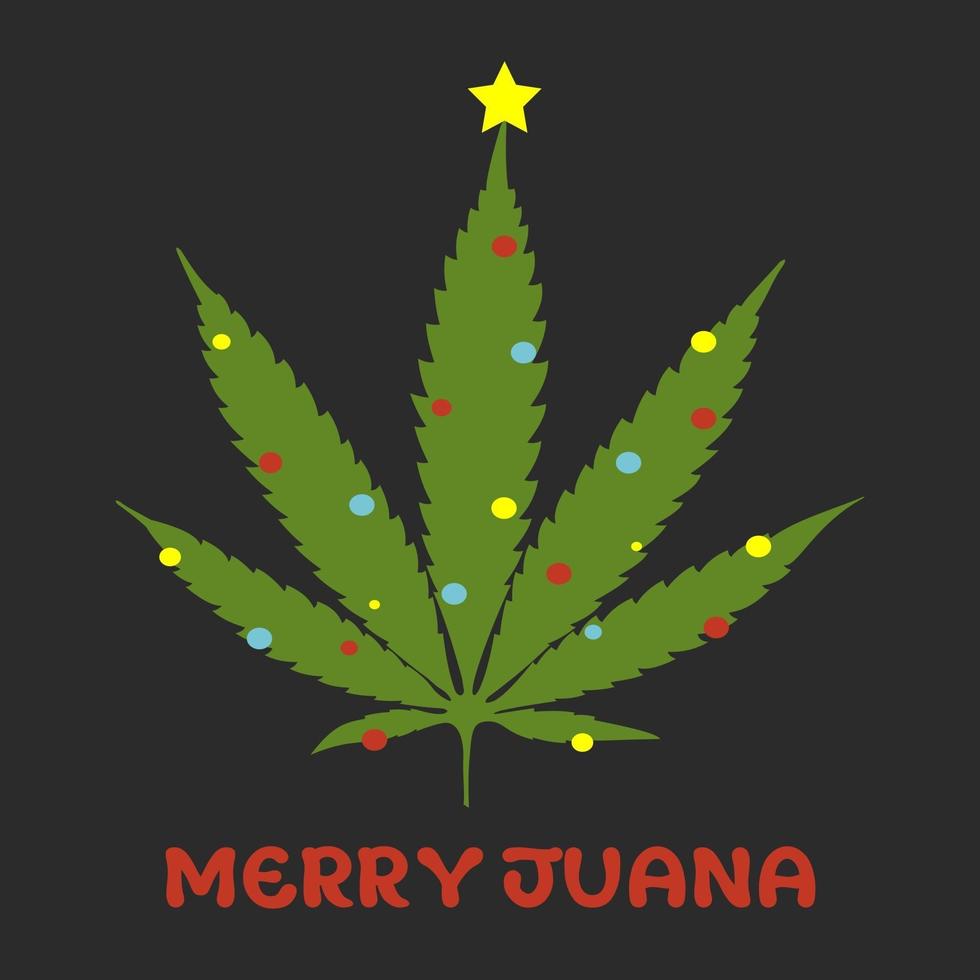 Merry Juana Christmas cannabis leaf tree in the flower pot postcard vector illustration