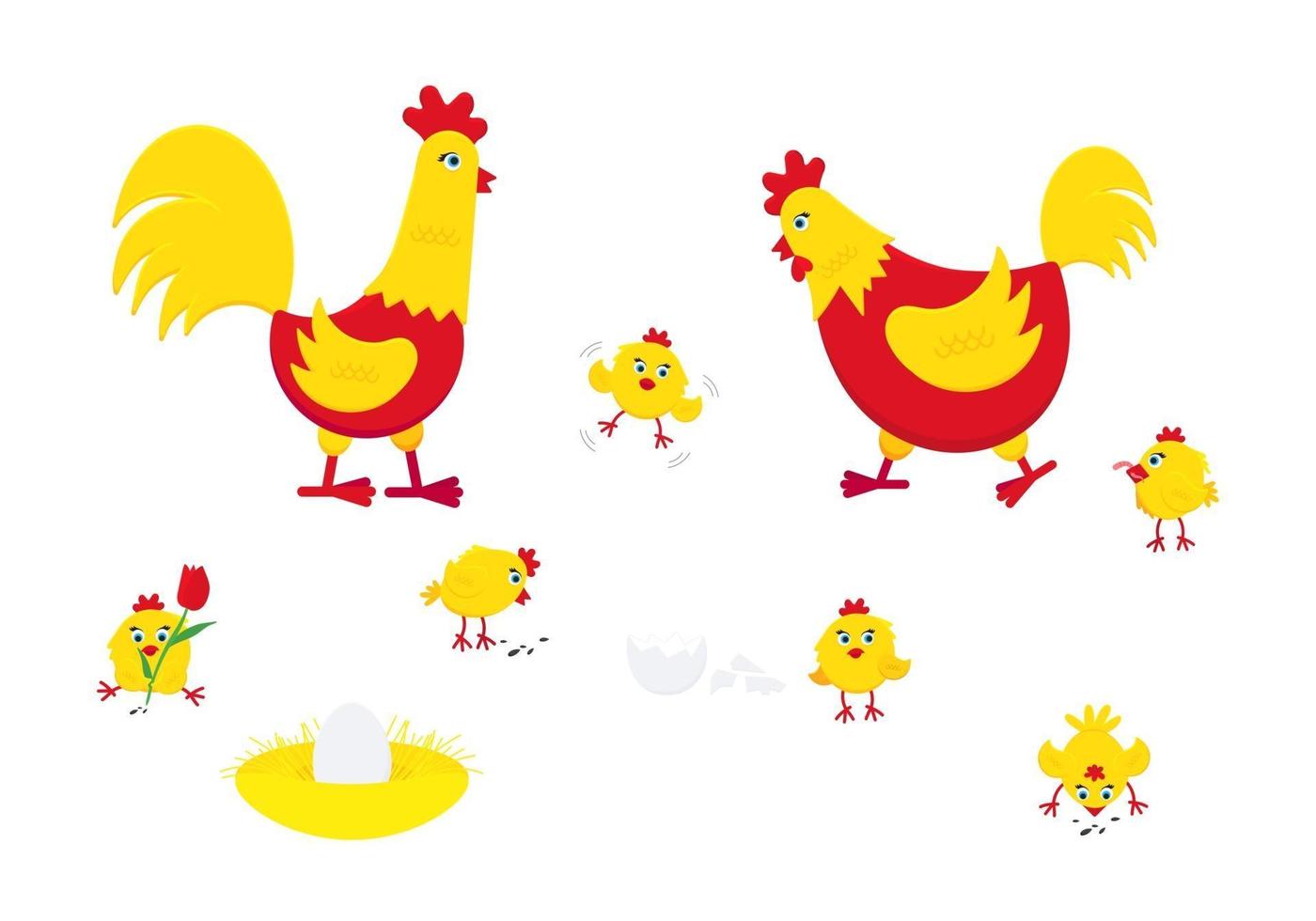 Pollo amarillo y rojo con huevos rotos nido conjunto de pollitos y un gallo vector