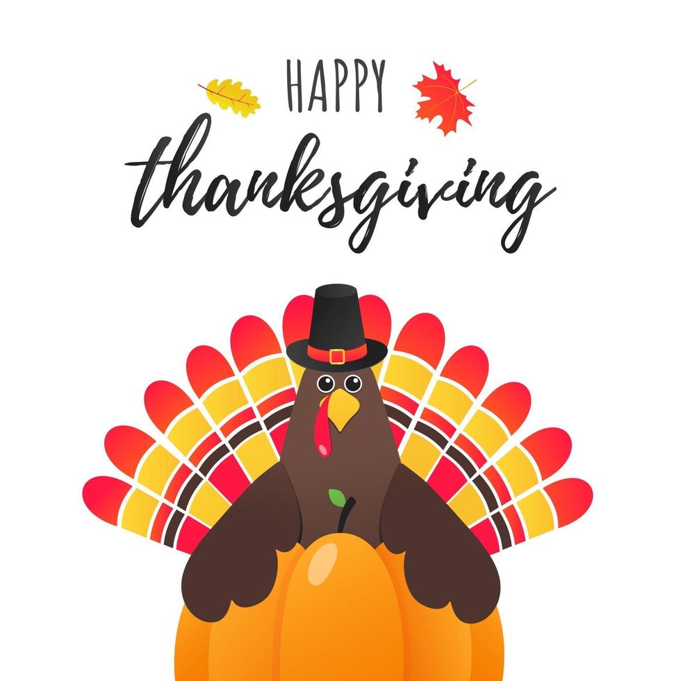 Happy thanksgiving day flat style design poster vector illustration with turkey text give the thanks and autumn maple leaf Turkey with hat and colored feathers celebrate holidays