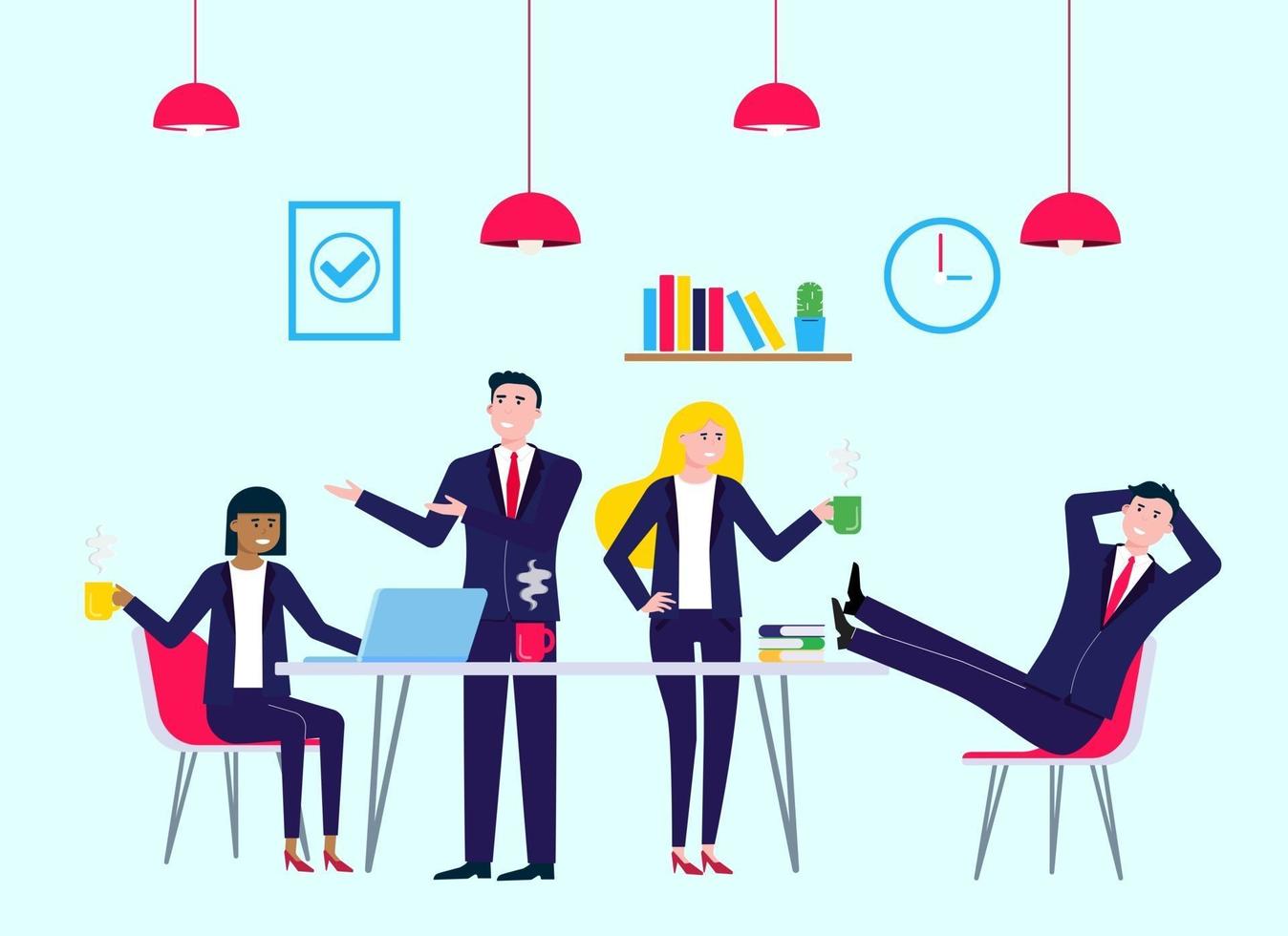 Coffee break colleagues in meeting room office with laptop coffee and chairs happy men and women talking and working vector characters flat style vector illustration Teamwork concept in business