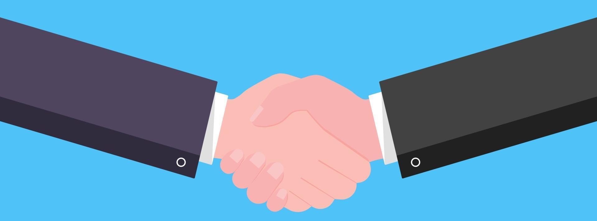 Businessmen shaking hands flat style design vector illustration Success deal partnership greeting handshaking agreement isolated on light blue background