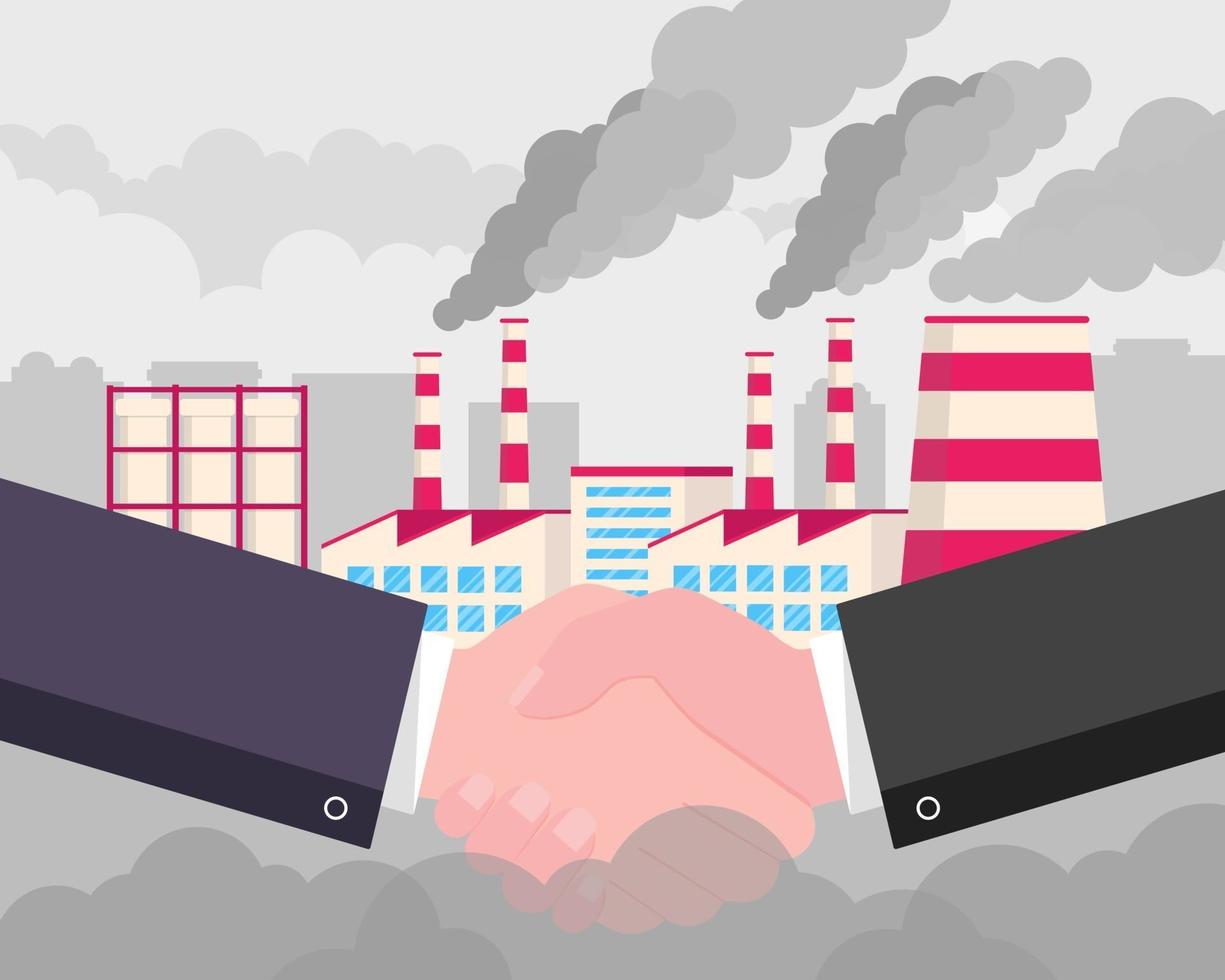 Evil agreement in factory building flat style vector illustration Businessmen handshaking agreement non ecological factory Bad  ecology environment behind and gray cloudy sky on the scene