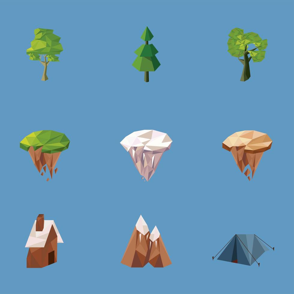 nine lowpoly nature icons vector