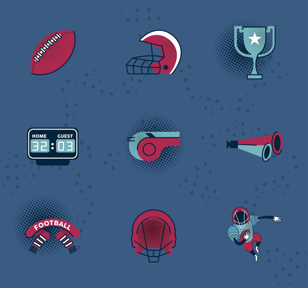 nueve iconos de fútbol americano vector