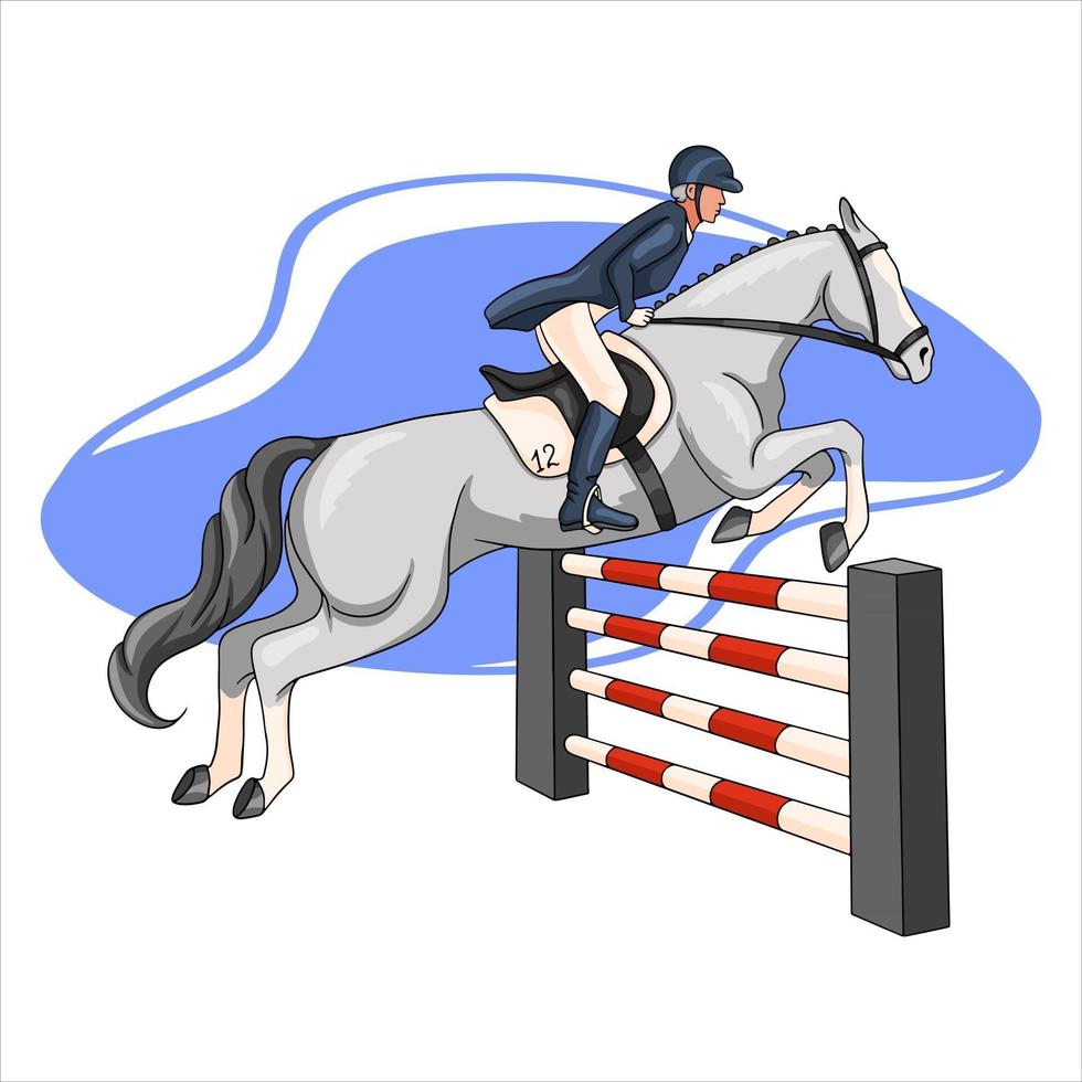mujer de equitación montando a caballo sobre un obstáculo en estilo de dibujos animados vector