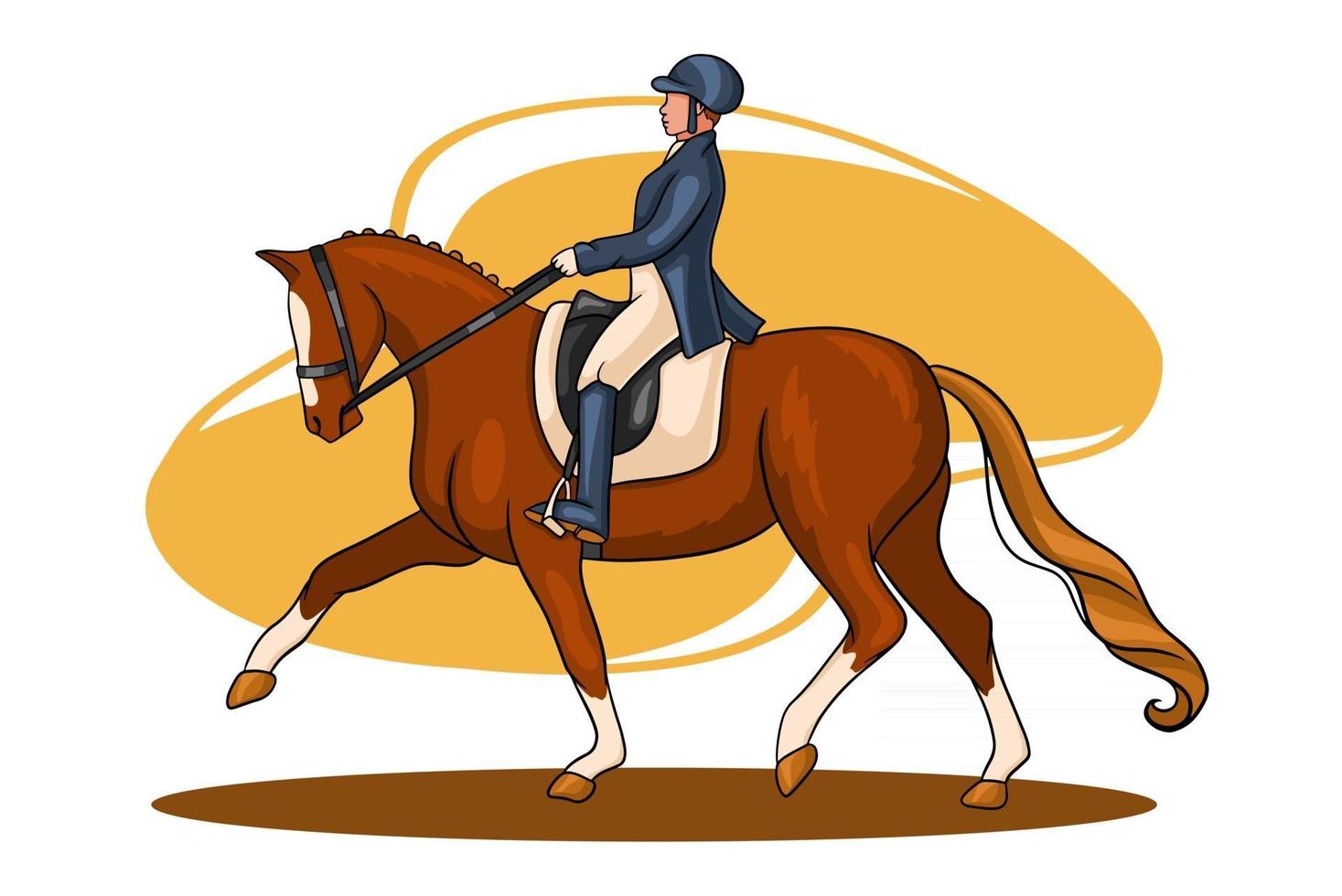 mujer de equitación montando caballo de doma en estilo de dibujos animados vector