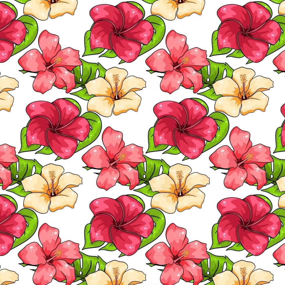 Tropical pattern with exotic plants flowers and leaves in cartoon style vector