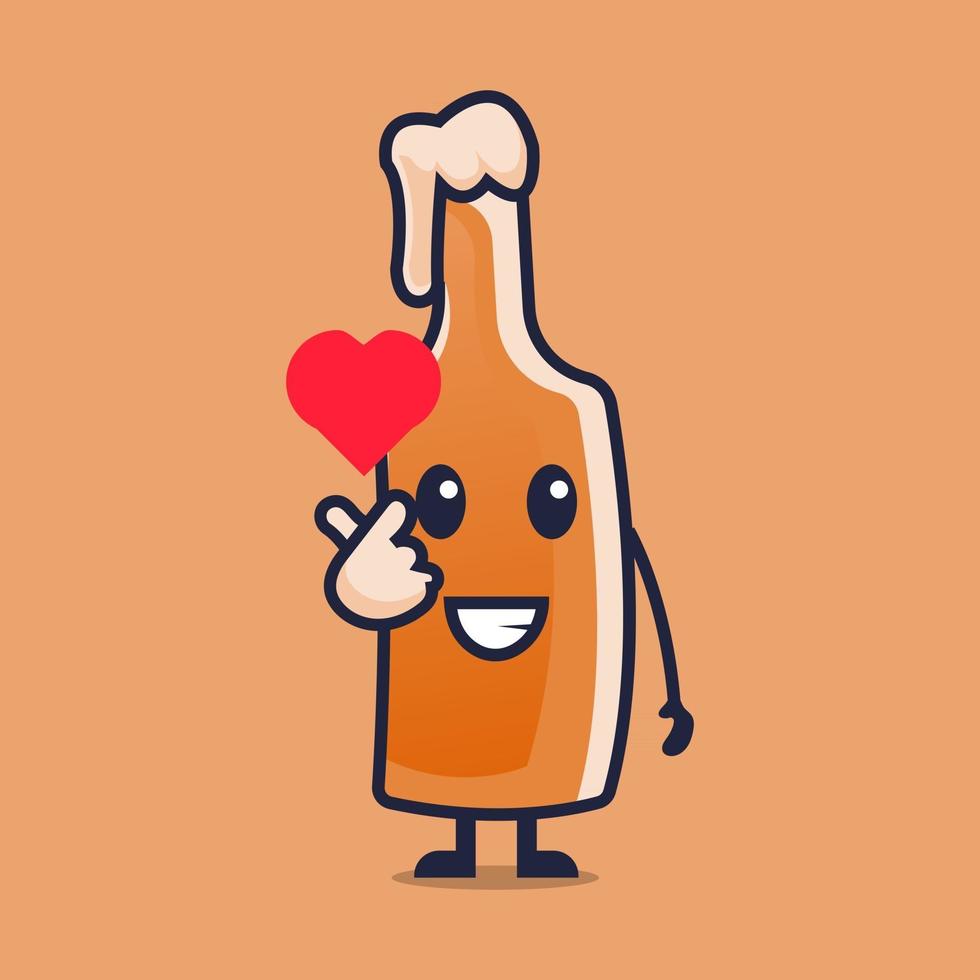 Cute beer cartoon character with happy expression and love hand flat style vector illustration