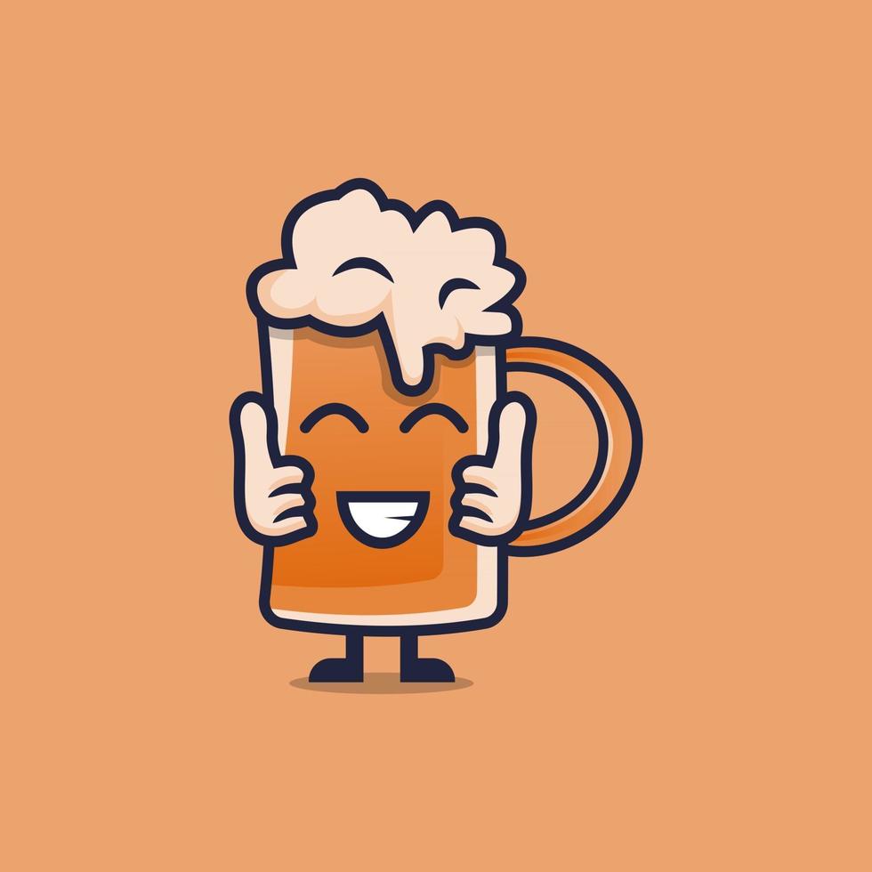 Lindo personaje de dibujos animados de cerveza con expresión feliz y pulgares arriba ilustración de vector de estilo plano de manos