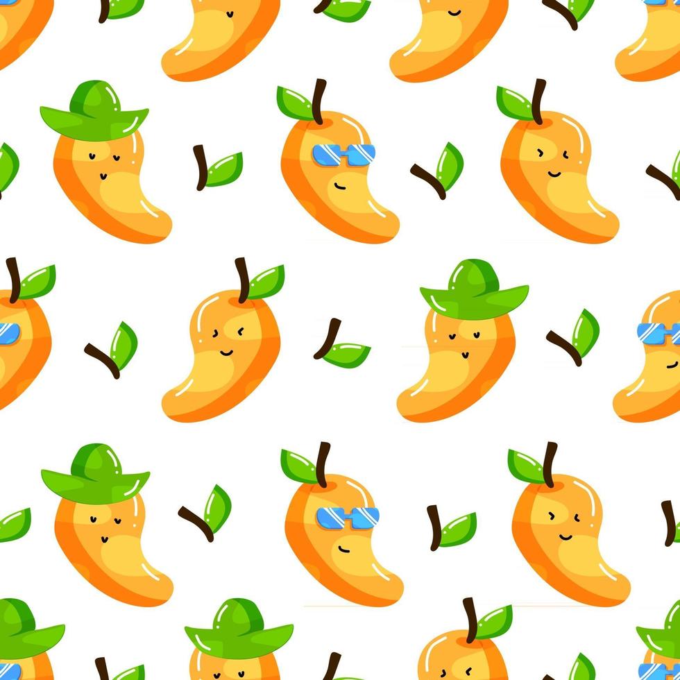 lindo personaje de dibujos animados de mango de verano con patrones sin fisuras de estilo plano dibujado a mano vector