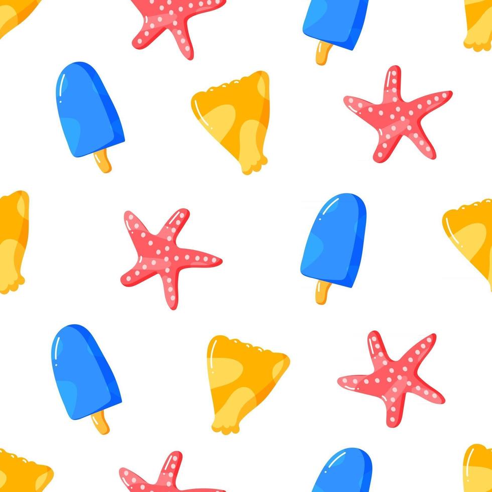 summer seamless pattern design with starfish ice cream and shells in flat hand drawn style vector