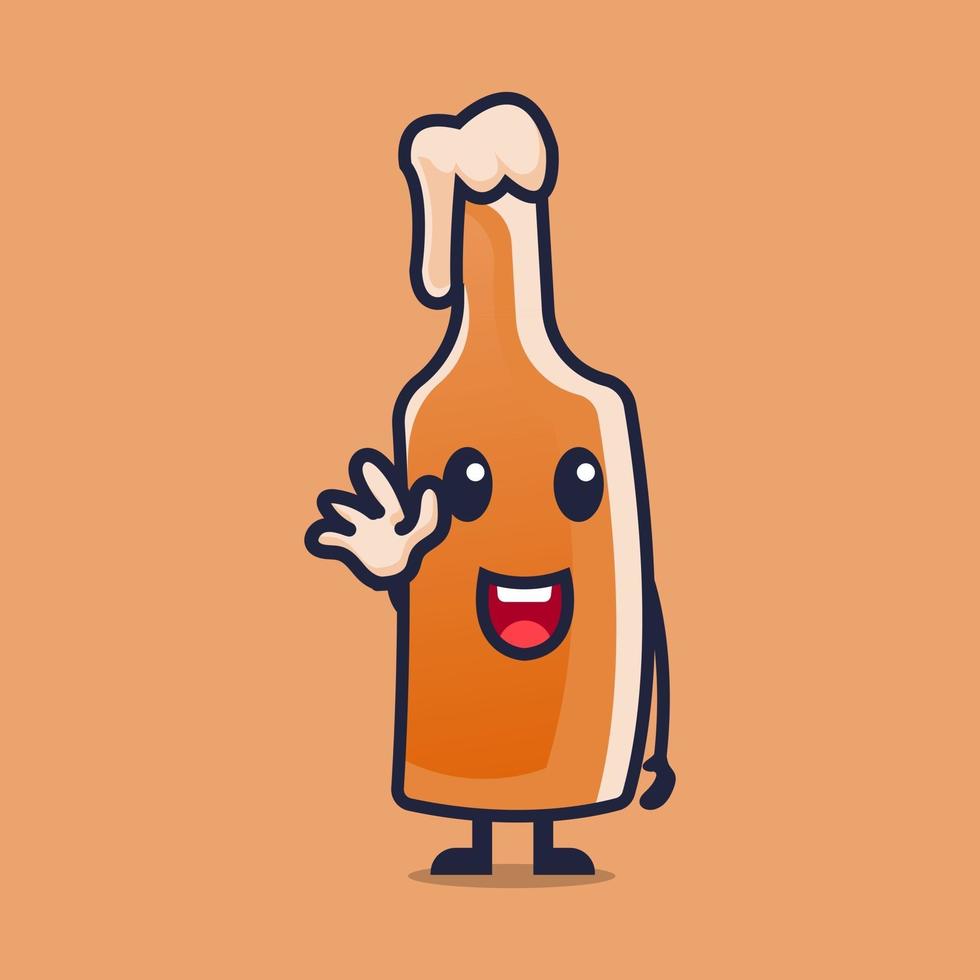 Lindo personaje de dibujos animados de cerveza agitando las manos ilustración de vector de estilo plano