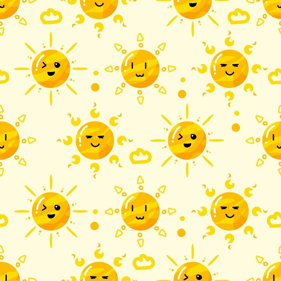 hand drawn flat cute sun in various style seamless pattern vector
