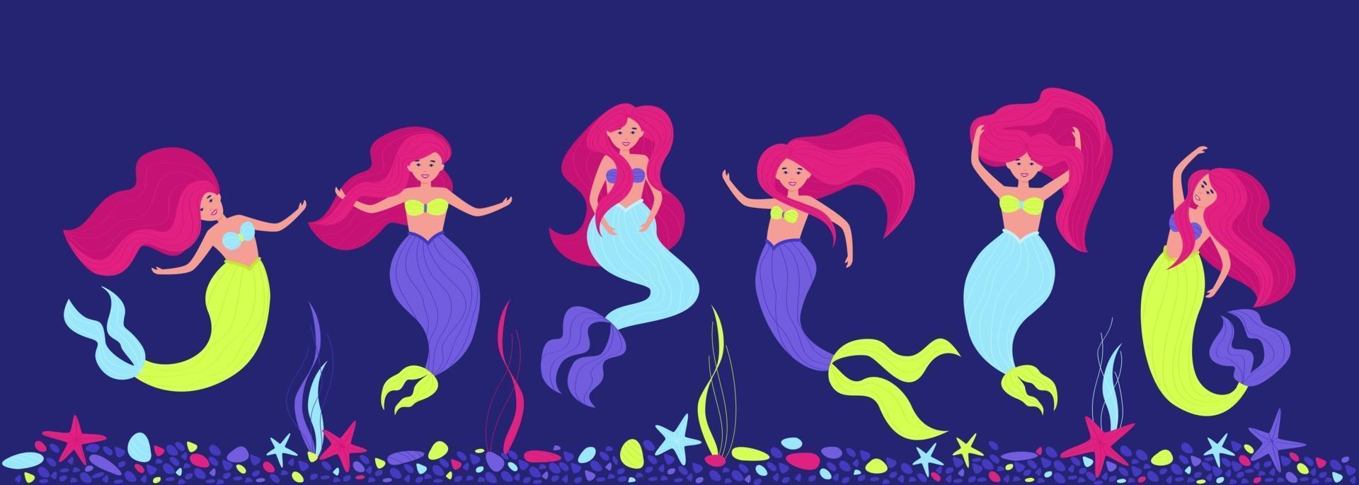 Set with neon mermaids on a dark background vector