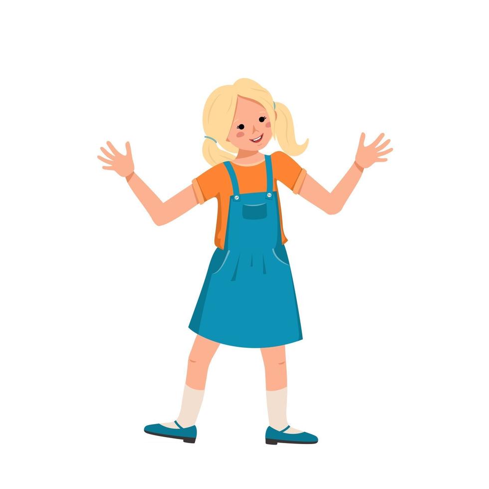 Nice cute girl in a denim sundress shoes with blond hair Happy smiling kid dances hugs hands Teenager with a face World International children day vector