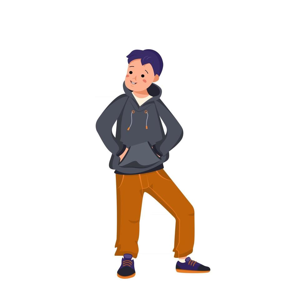 Boy in a hoodie jeans and sneakers stands and smiles Happy child holds his hands in the poop Teenager with face and eyes in casual clothes World International children day vector