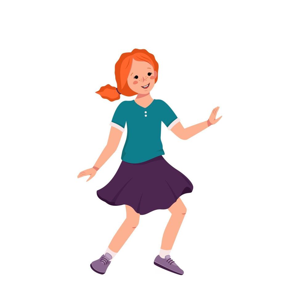 una niña con el pelo rojo rizado y pecas en una camisa, falda y zapatillas de deporte baila feliz niño lindo adolescente sonriente con una cara en ropa casual día mundial del niño vector