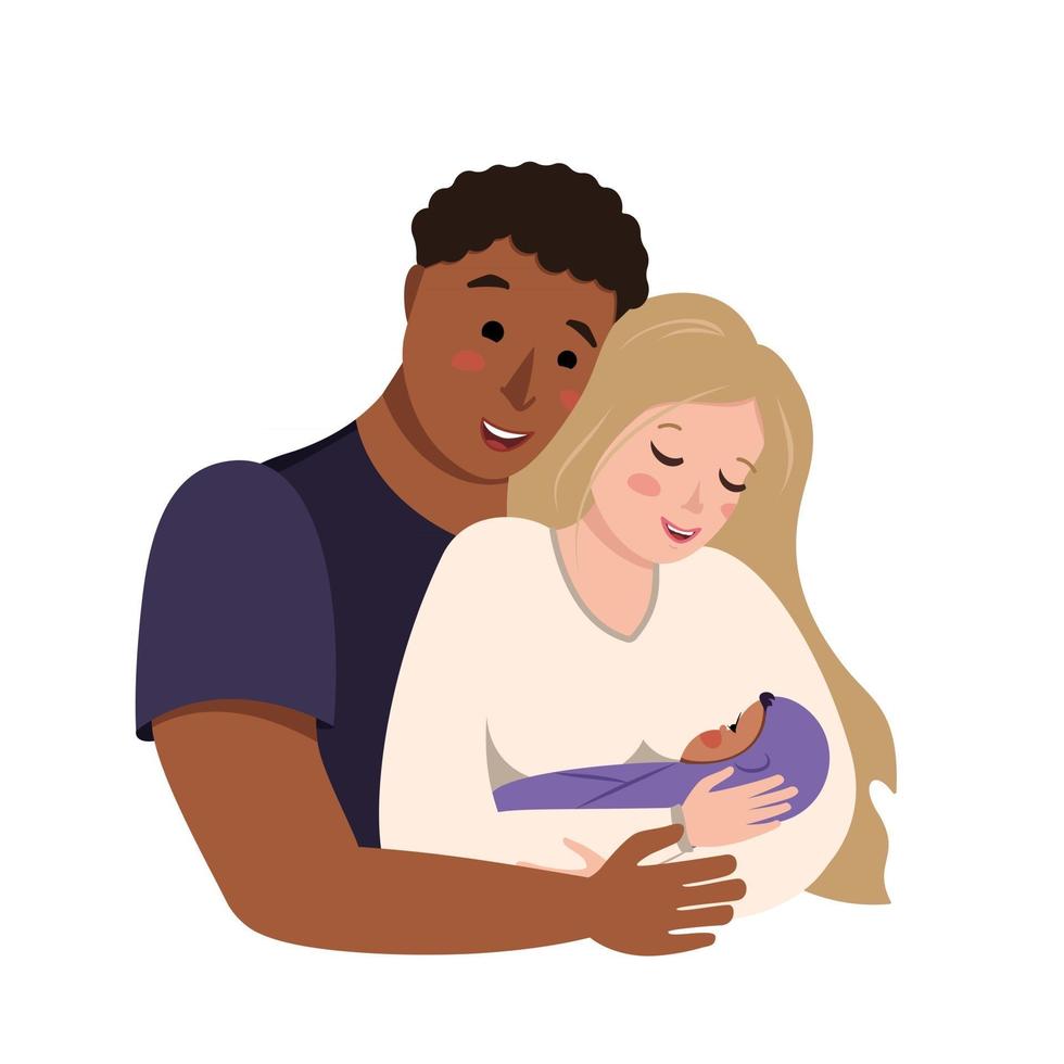 Interracial international family The husband hugs his wife with the baby in her arms The multiethnic mom and dad are happy and smiling The family cares and loves the newborn vector