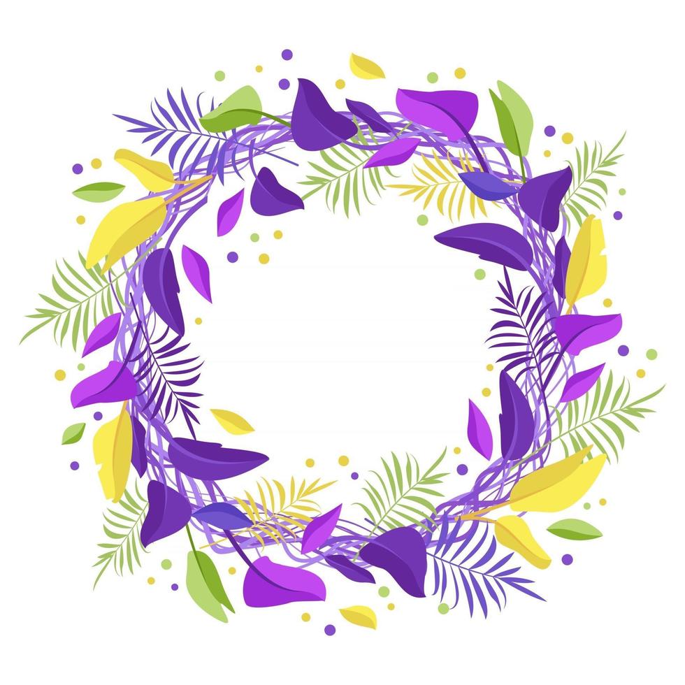 corona de hojas de palma marco redondo de hojas exóticas de color púrpura brillante amarillo y verde decoraciones festivas de verano para el cartel de postal de vacaciones y oferta de diseño o banner vector