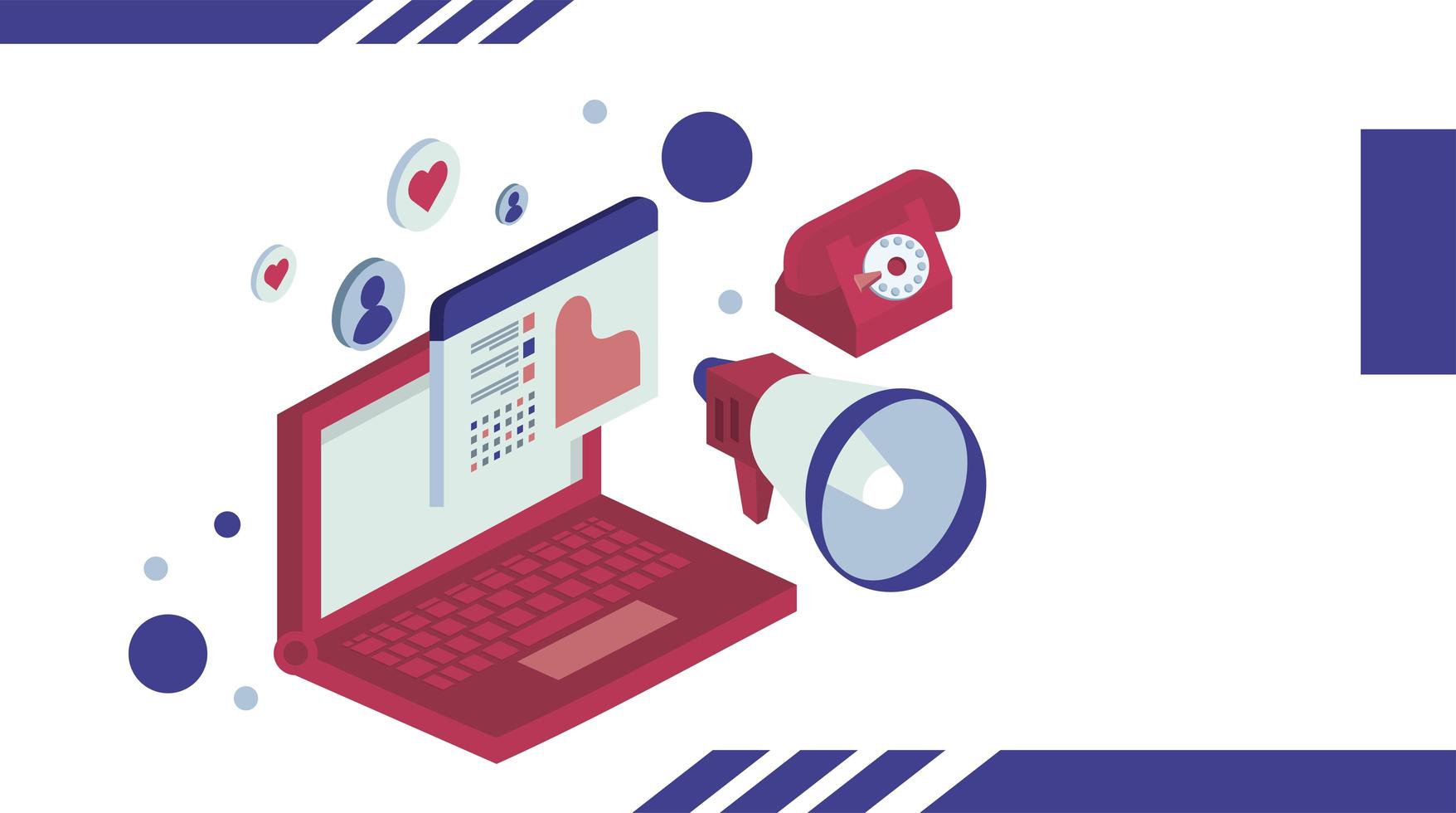 laptop with megaphone and social media isometric set icons vector
