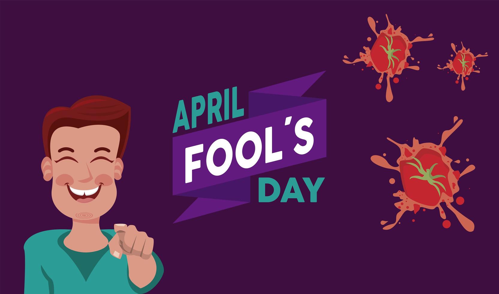 april fools day lettering with happy man and popped tomatoes vector