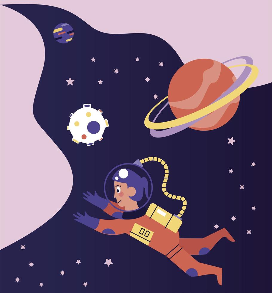 astronaut girl floating in the space scene vector