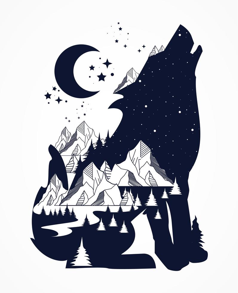 wolf and moon vector