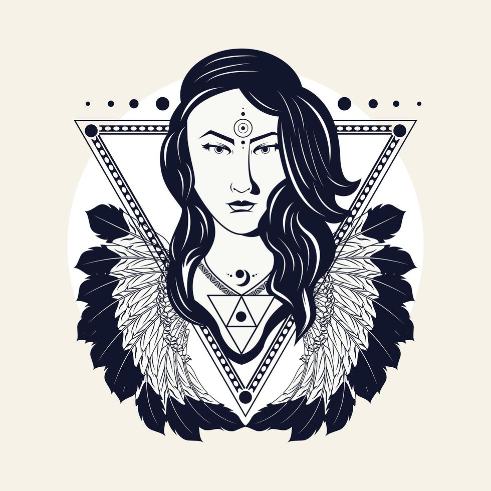 native american woman in triangular frame with feathers tribal style vector