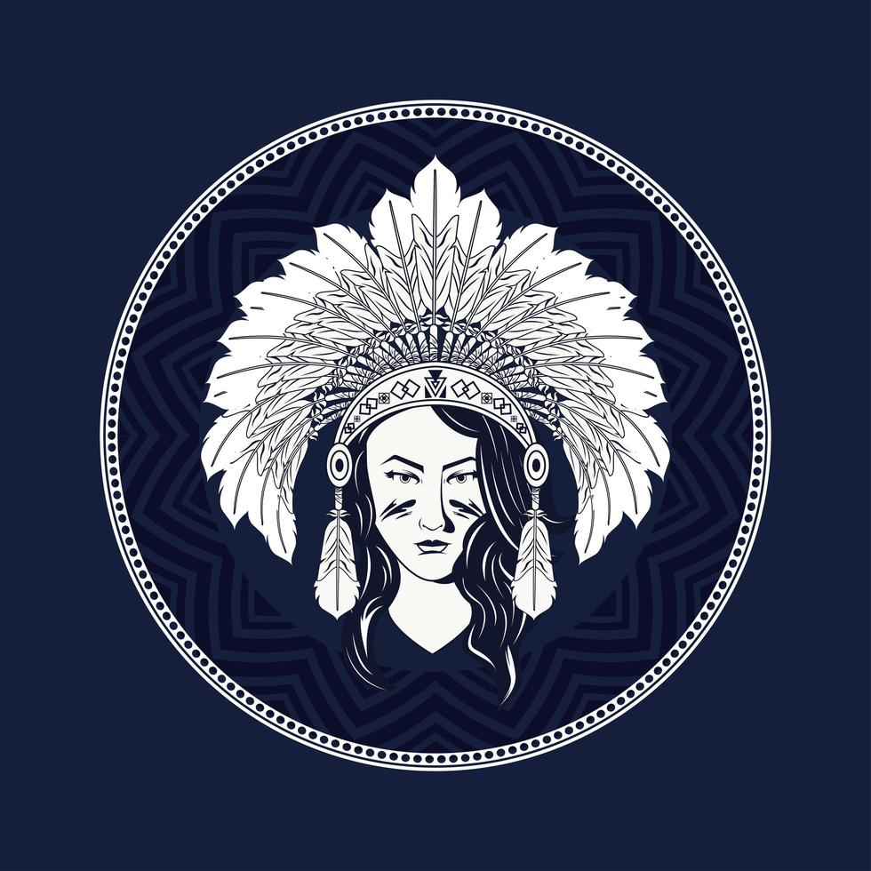 Mujer nativa americana con corona de plumas estilo tribal en fondo azul. vector