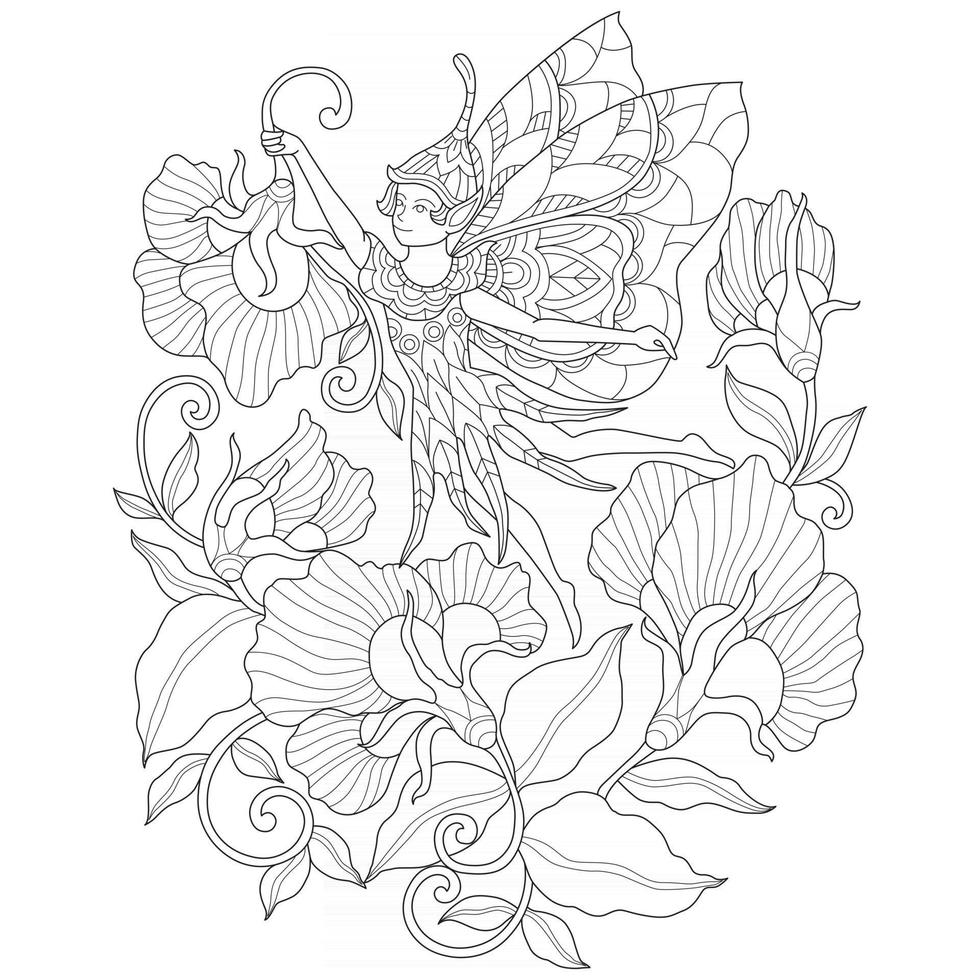Fairy and flowers hand drawn for adult coloring book vector