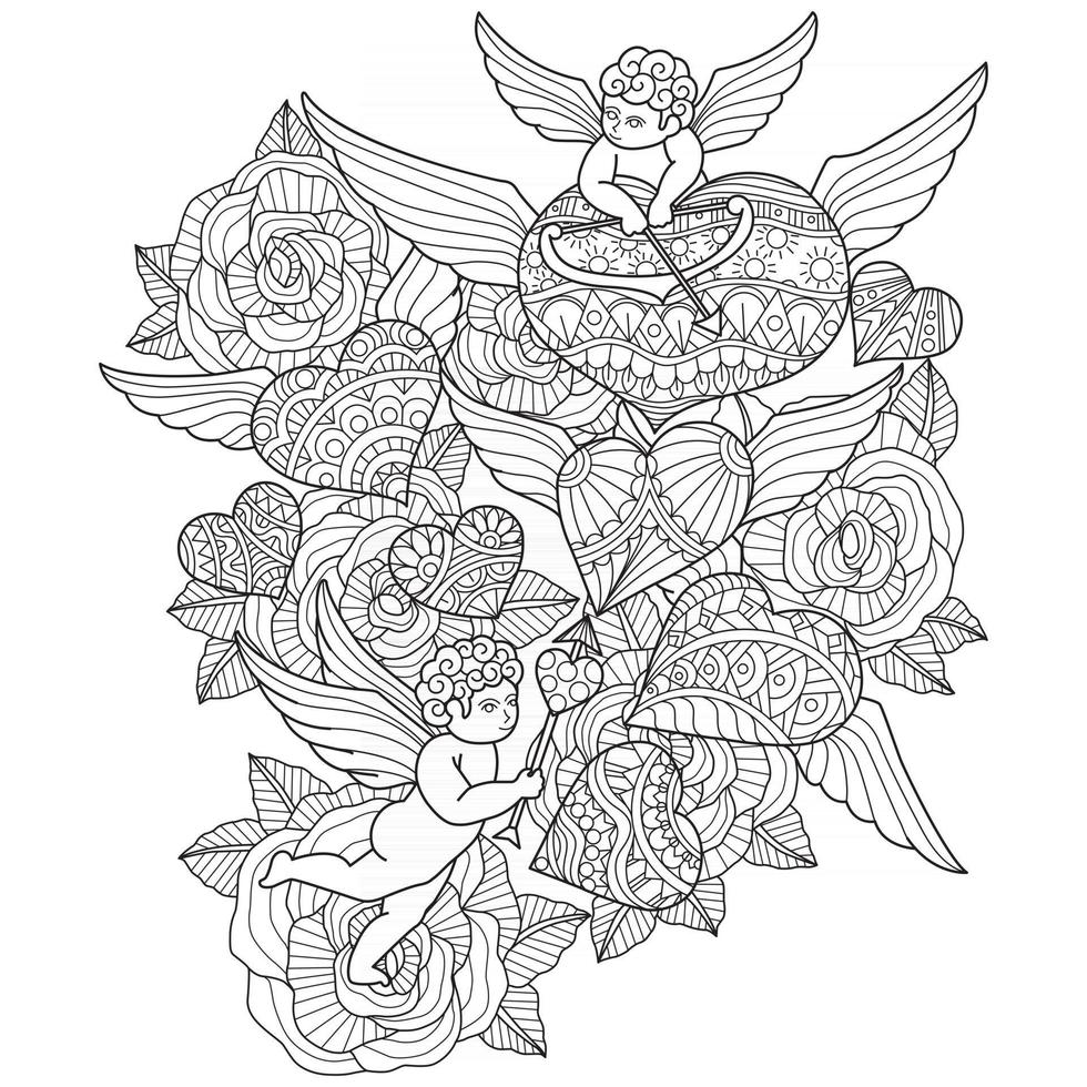 Cupid and heart hand drawn for adult coloring book vector