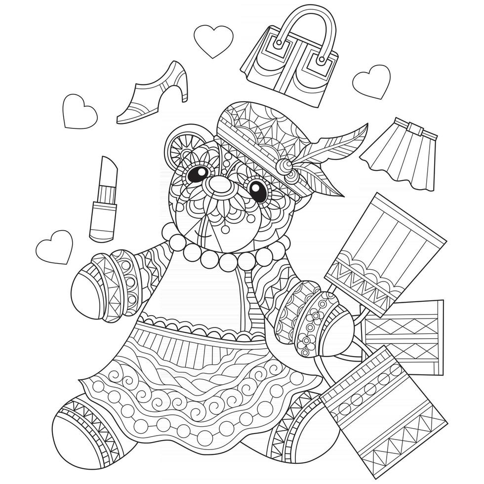 Shopping Teddy bear hand drawn for adult coloring book vector